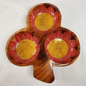 Mexican Folk Art Wood Appetizer Platter Dish Snacks Vintage Flower Sunflower